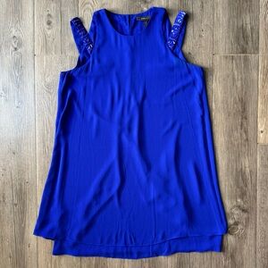 BCBGMAXAZRIA Selina Royal Blue Shift Dress • Layered Hem • Embellished Straps